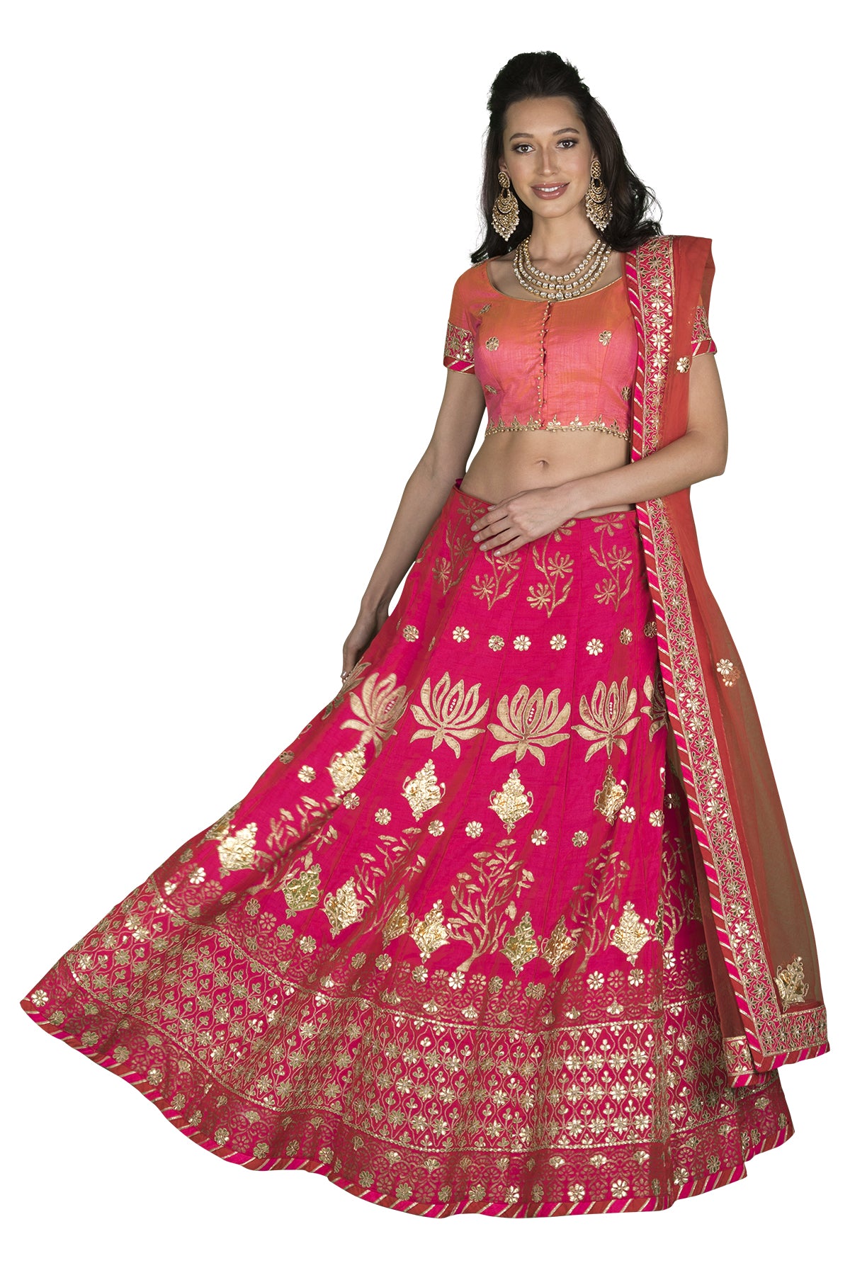 Hot Pink Lotus Motif Gota Lehenga