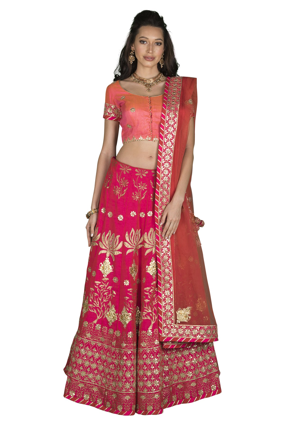 Hot Pink Lotus Motif Gota Lehenga