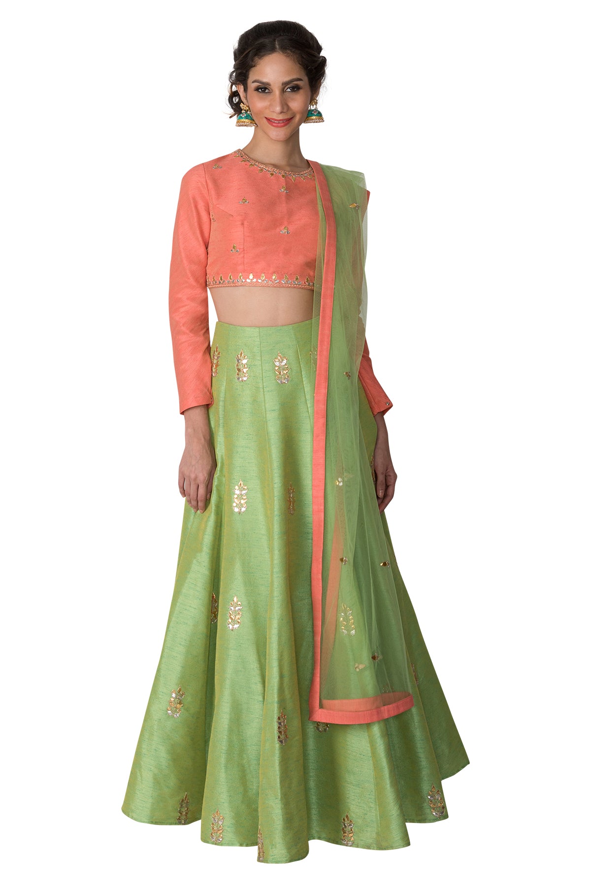 Peach blouse with green skirt and Dupatta