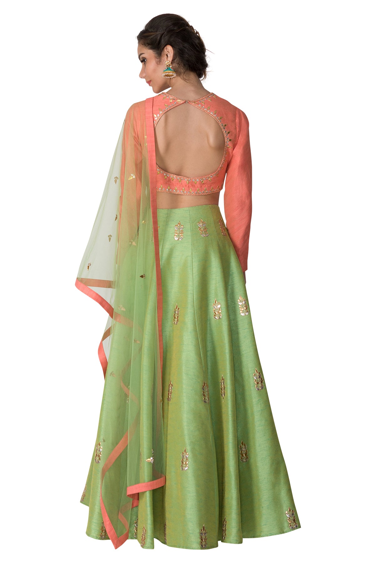 Peach blouse with green skirt and Dupatta