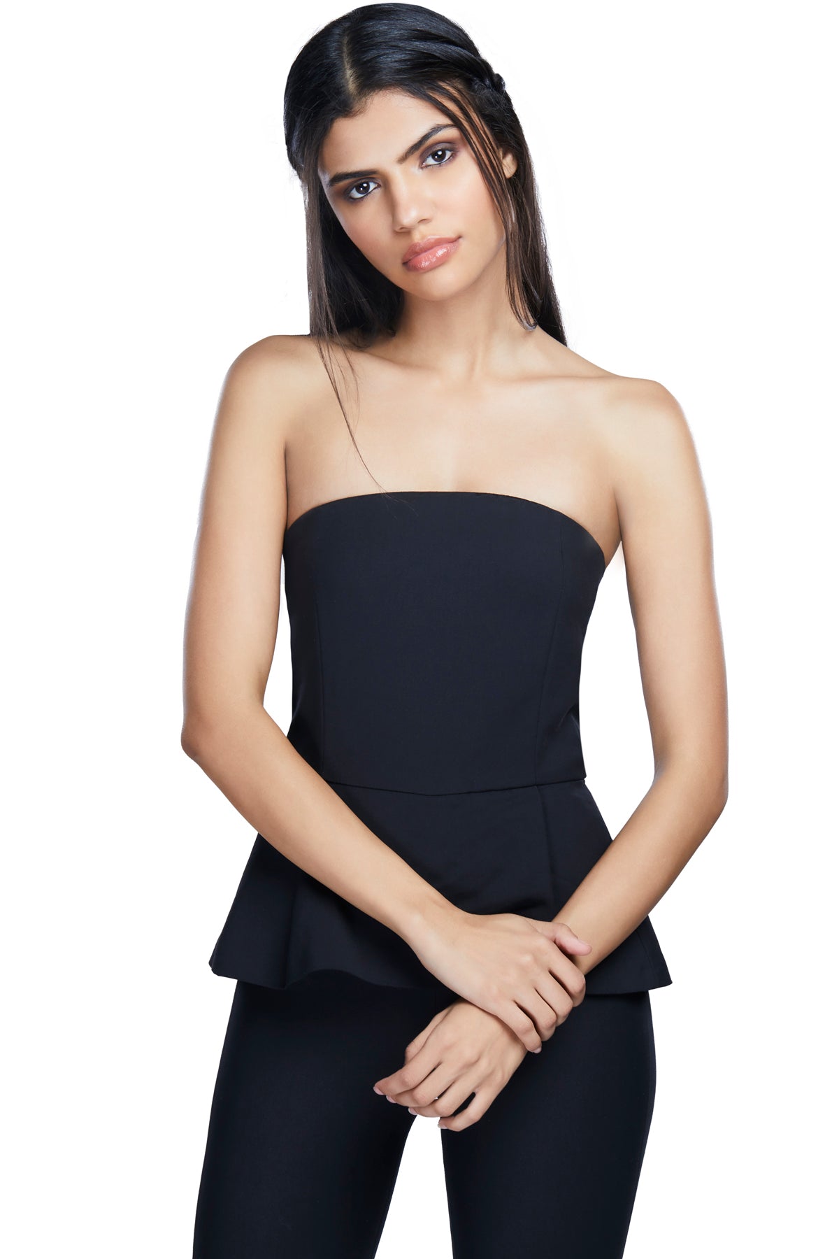 Jump the gun on fashion in this classic peplum jumpsuit with PU detailing and a zip at the back. 
